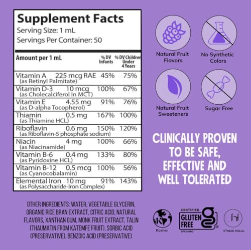 Multivitamin with Iron for Infants Toddlers Kids Ages 4 & Under Gluten Free Certified Sugar Free Raspberry Grape 50 Servings U485618