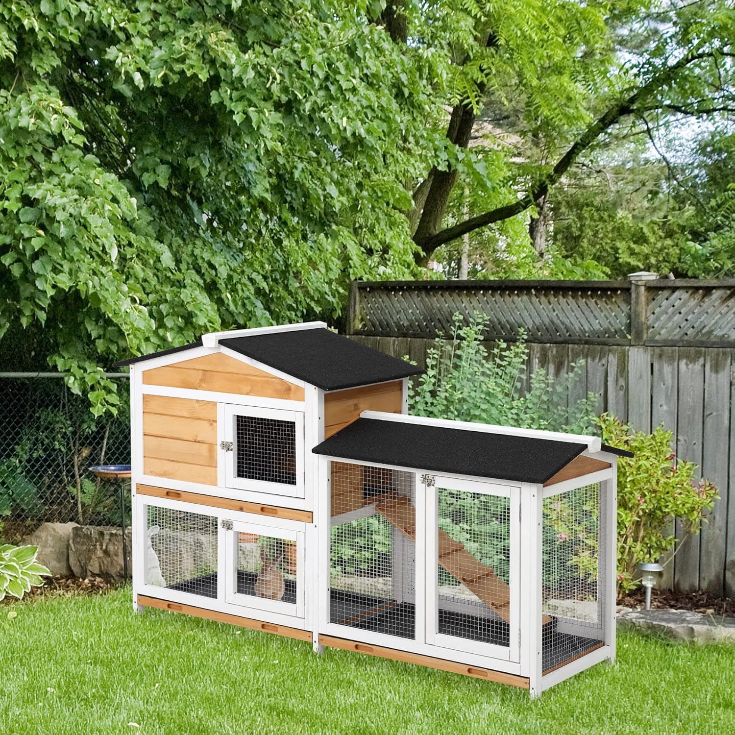 Yellow Wooden Rabbit Hutch with Ramp W891