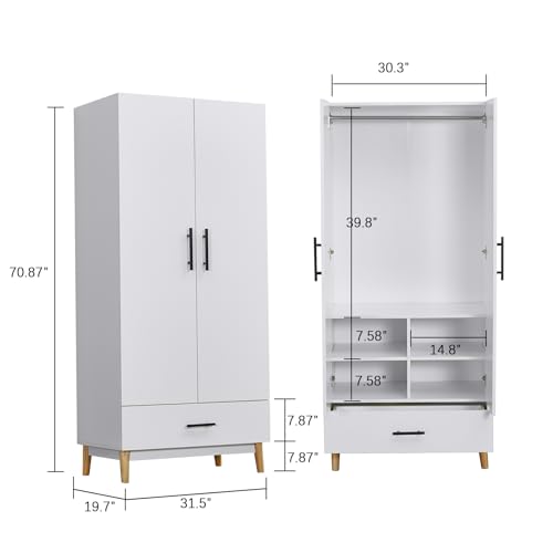 White 2 Door 2 Drawer Wood Wardrobe Cabinet 31.5" L x 20.3" W x 74" H R506