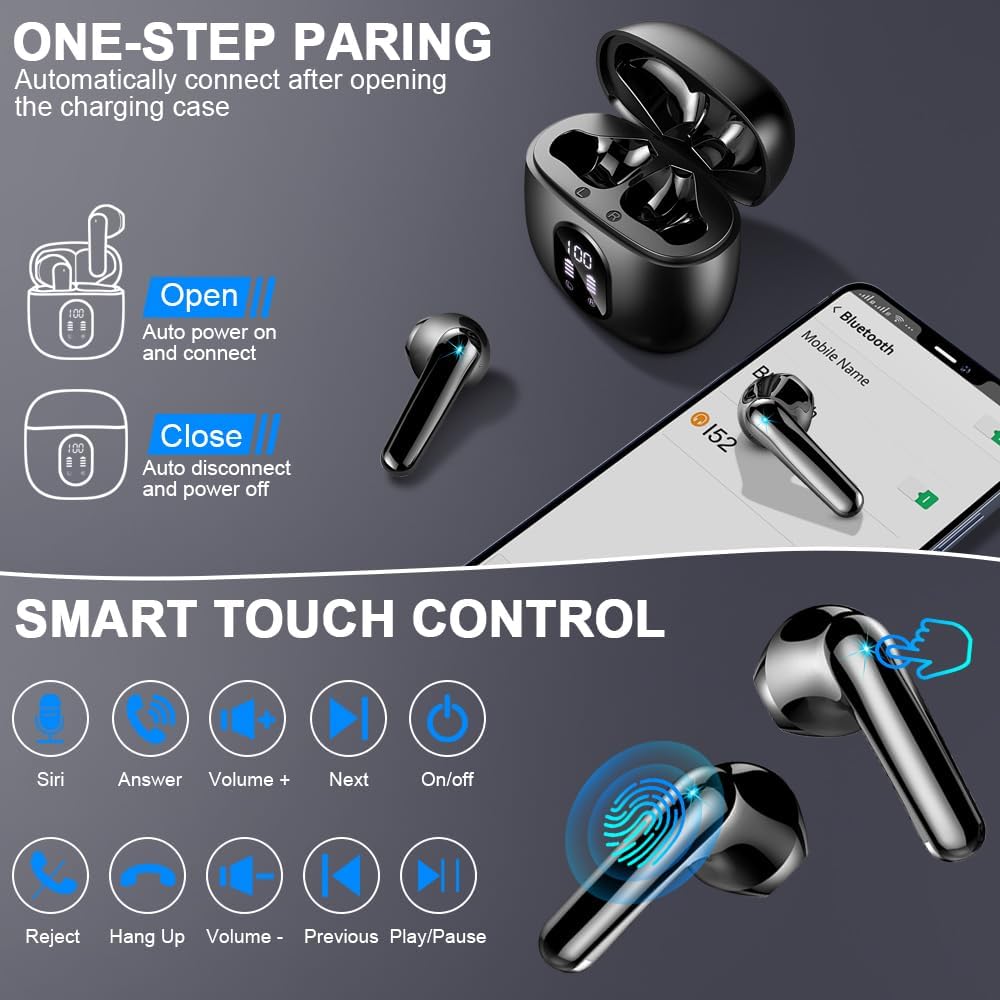 Wireless Earbuds Bluetooth 5.3 50H Playback Hi-Fi Stereo 4 ENC Mics LED Display Charging Case IP7 Waterproof W107249