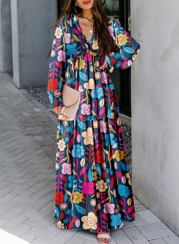 Womens Casual Floral Deep V Neck Long Sleeve Long Evening Dress Maxi Wedding Dresses A557804