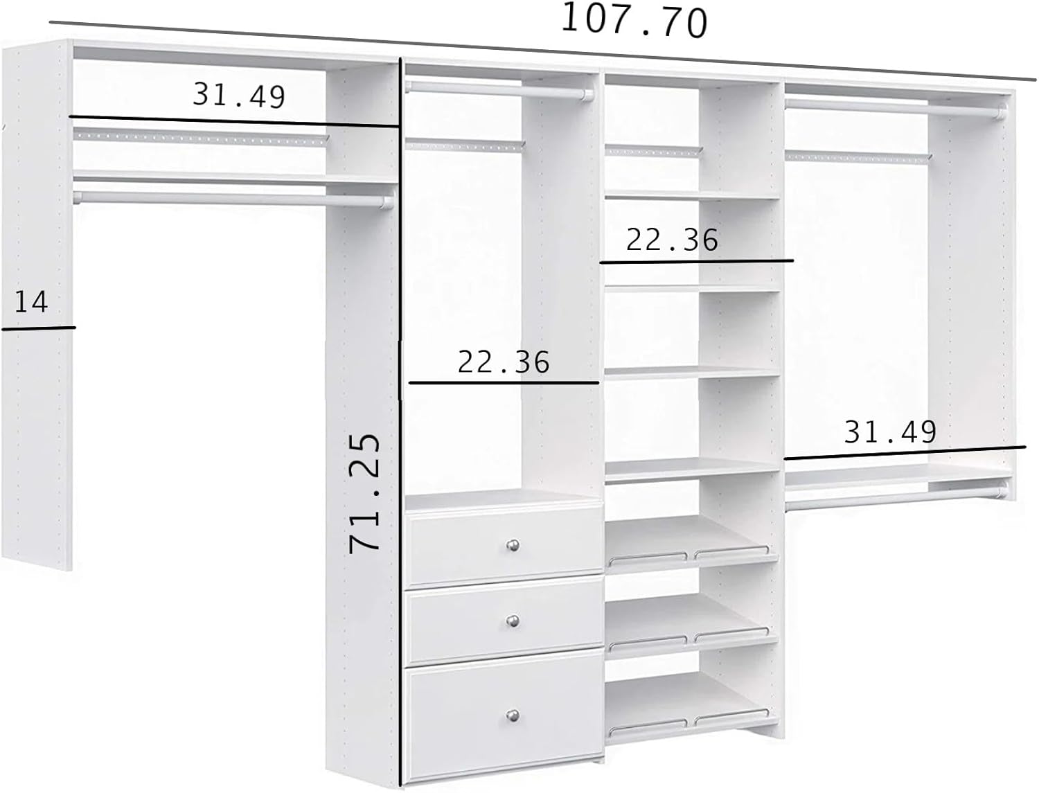 White Wall Mounted Closet Storage Organizer with Shelves and Drawers T8456