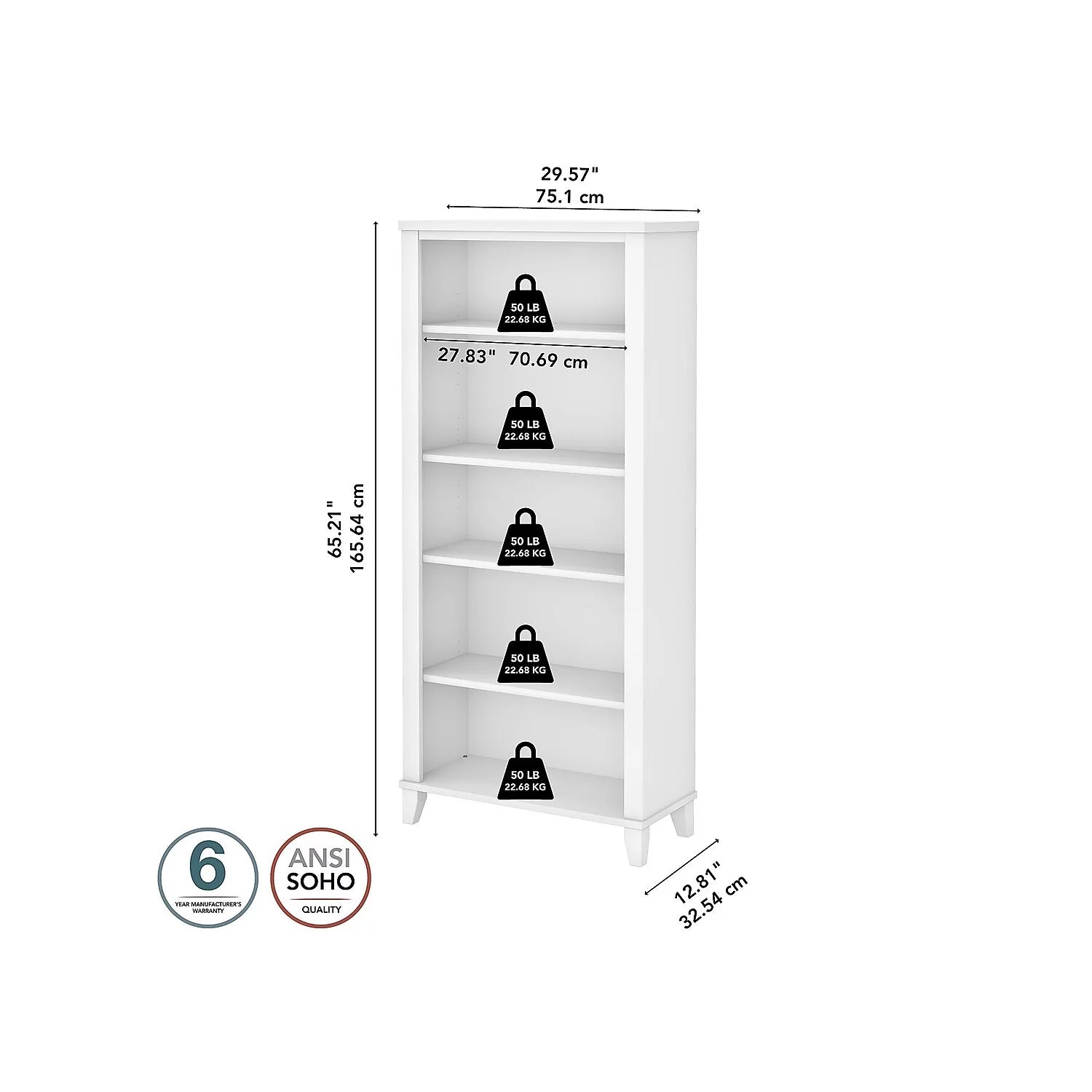 White 5 Shelf Tall Bookcase L246