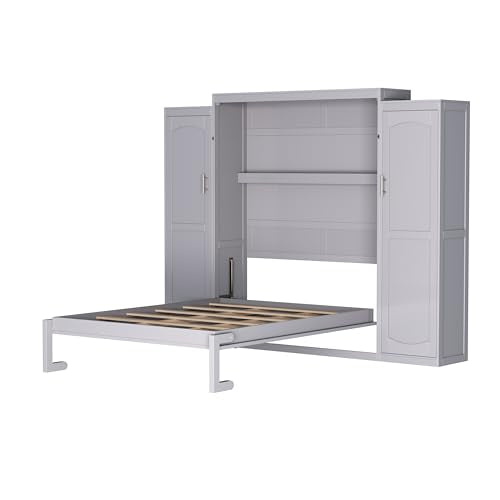 White Queen Size Wooden Murphy Wall Bed with Storage Shelf I185303