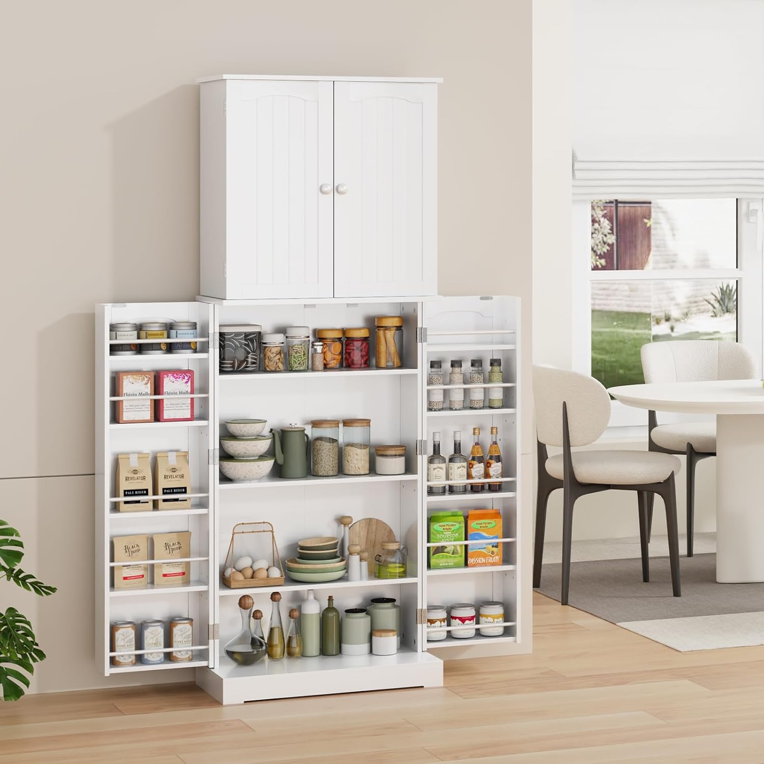 White Tall Freestanding Kitchen Pantry Cabinet with Doors and Shelves O44587