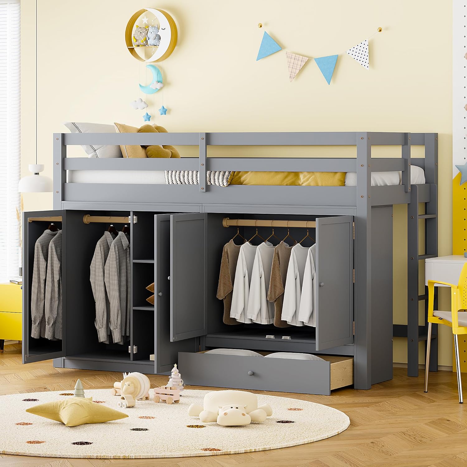 Gray Wood Twin Size Loft Bed with Storage Drawer and Two Wardrobes C96581
