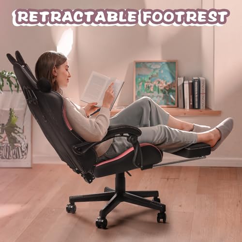 Pink Gaming Chair with Cat Ears and Cat Paw Cushion Pillow with Footrest V491