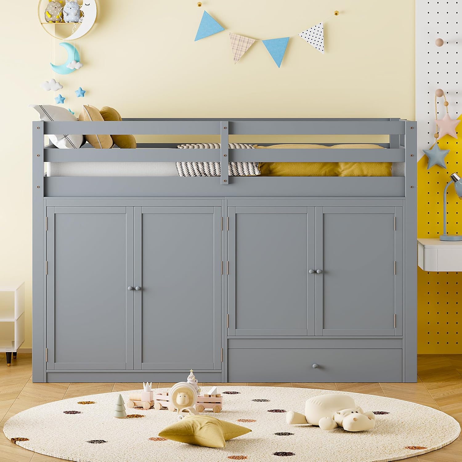 Gray Wood Twin Size Loft Bed with Storage Drawer and Two Wardrobes C96581