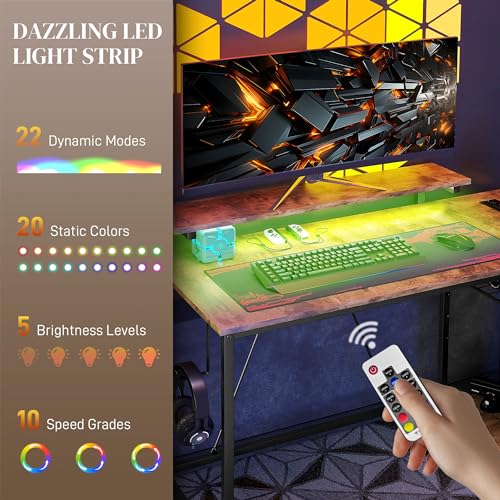 Black L Shaped Desk with LED Lights, Power Outlet, USB Charging Ports, Storage Shelves, Monitor Stand D489077