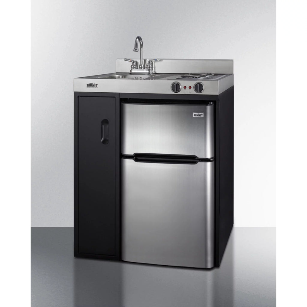 30" wide all-in-one kitchenette with 2-burner 115V coil cooktop, refrigerator-freezer, sink, and storage cabinet I812