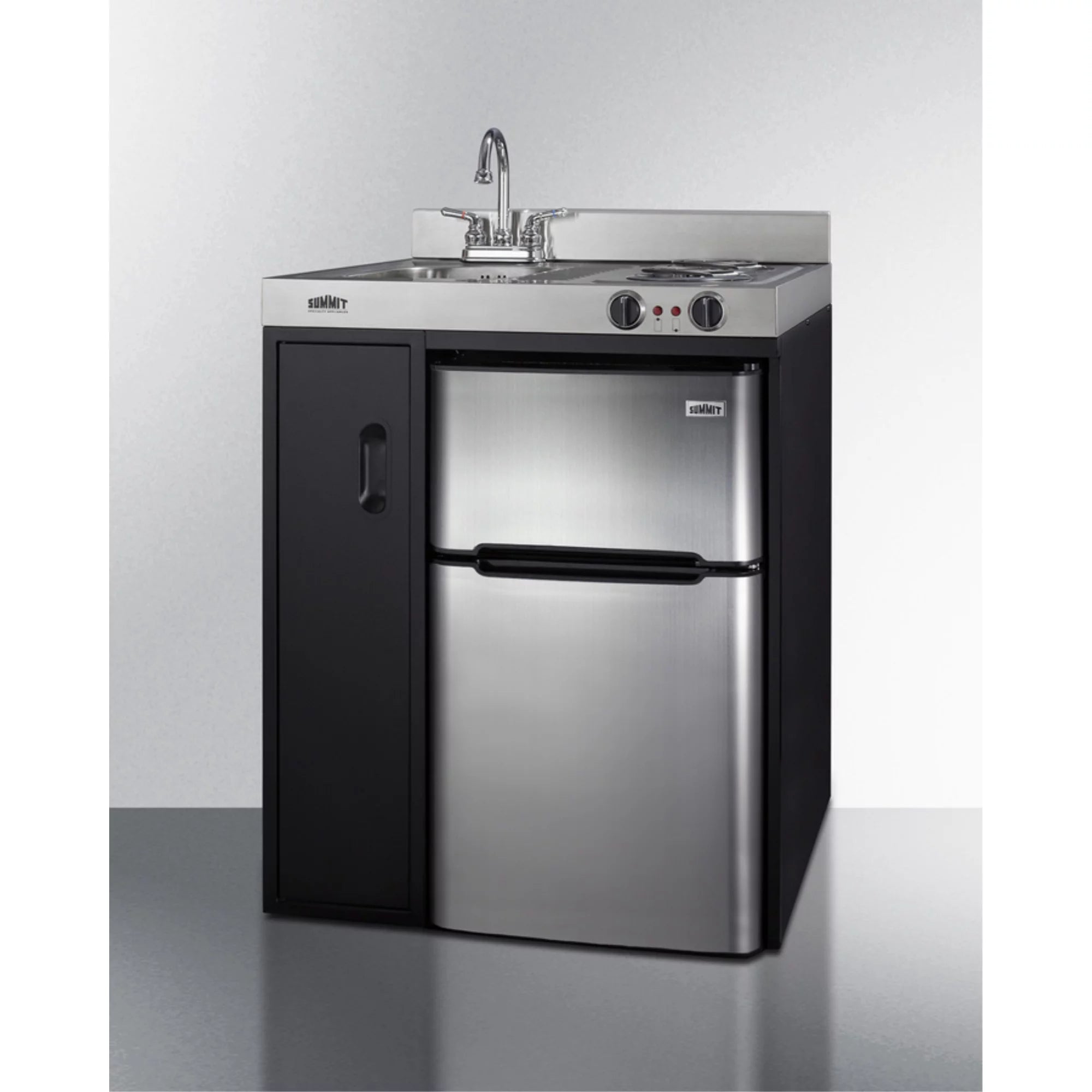 30" wide all-in-one kitchenette with 2-burner 115V coil cooktop, refrigerator-freezer, sink, and storage cabinet I812
