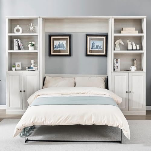 Queen Size White Wood Murphy Bed with Storage Bookcase Shelves T158053
