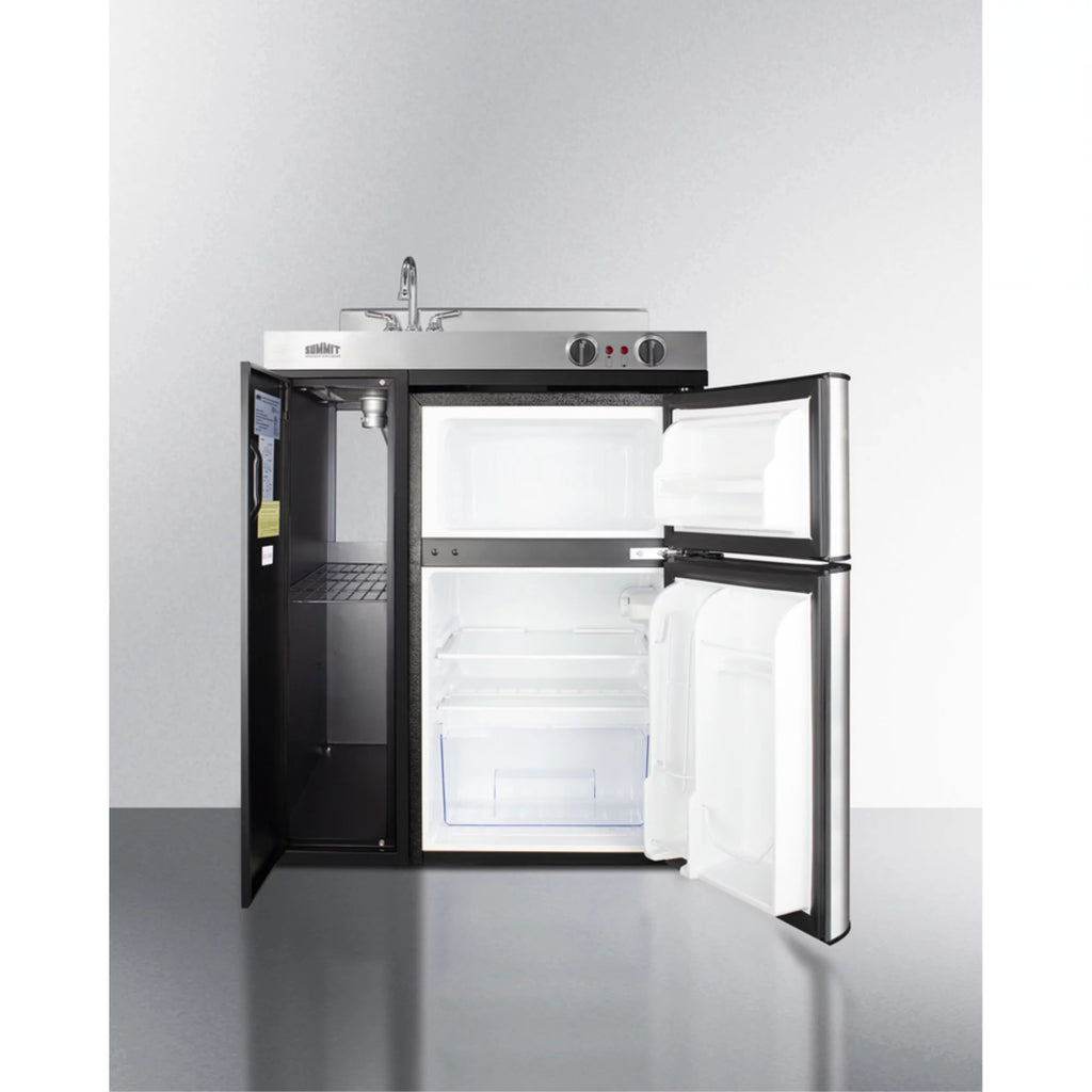 30" wide all-in-one kitchenette with 2-burner 115V coil cooktop, refrigerator-freezer, sink, and storage cabinet I812