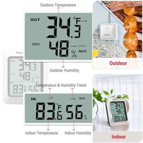 Digital Hygrometer Indoor Outdoor Thermometer Wireless Temperature and Humidity Gauge Monitor with 500ft Range X4745