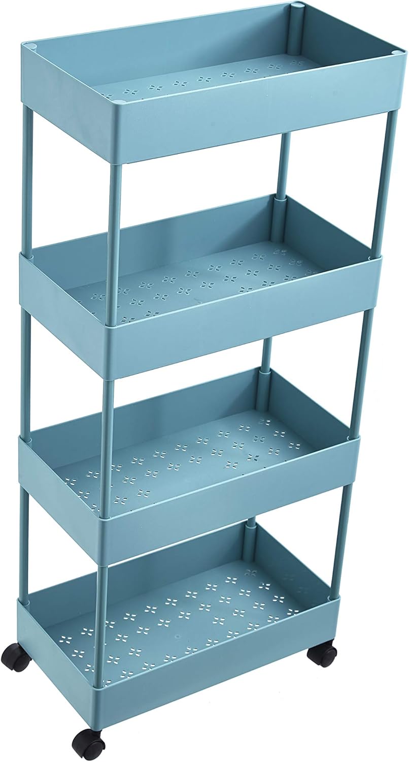 Blue 4-Tier Plastic Rolling Cart with Slim Shelves Z23925