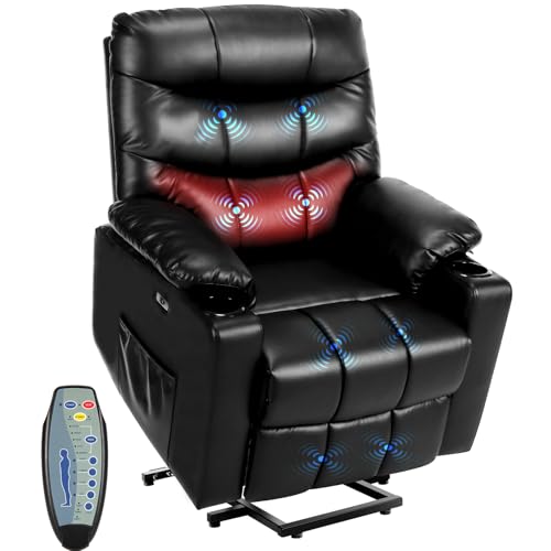 PU Leather Electric Power Lift Chair Recliners with Heat and Massage, Adjustable Back Leg, USB Ports, Cupholders Y5143