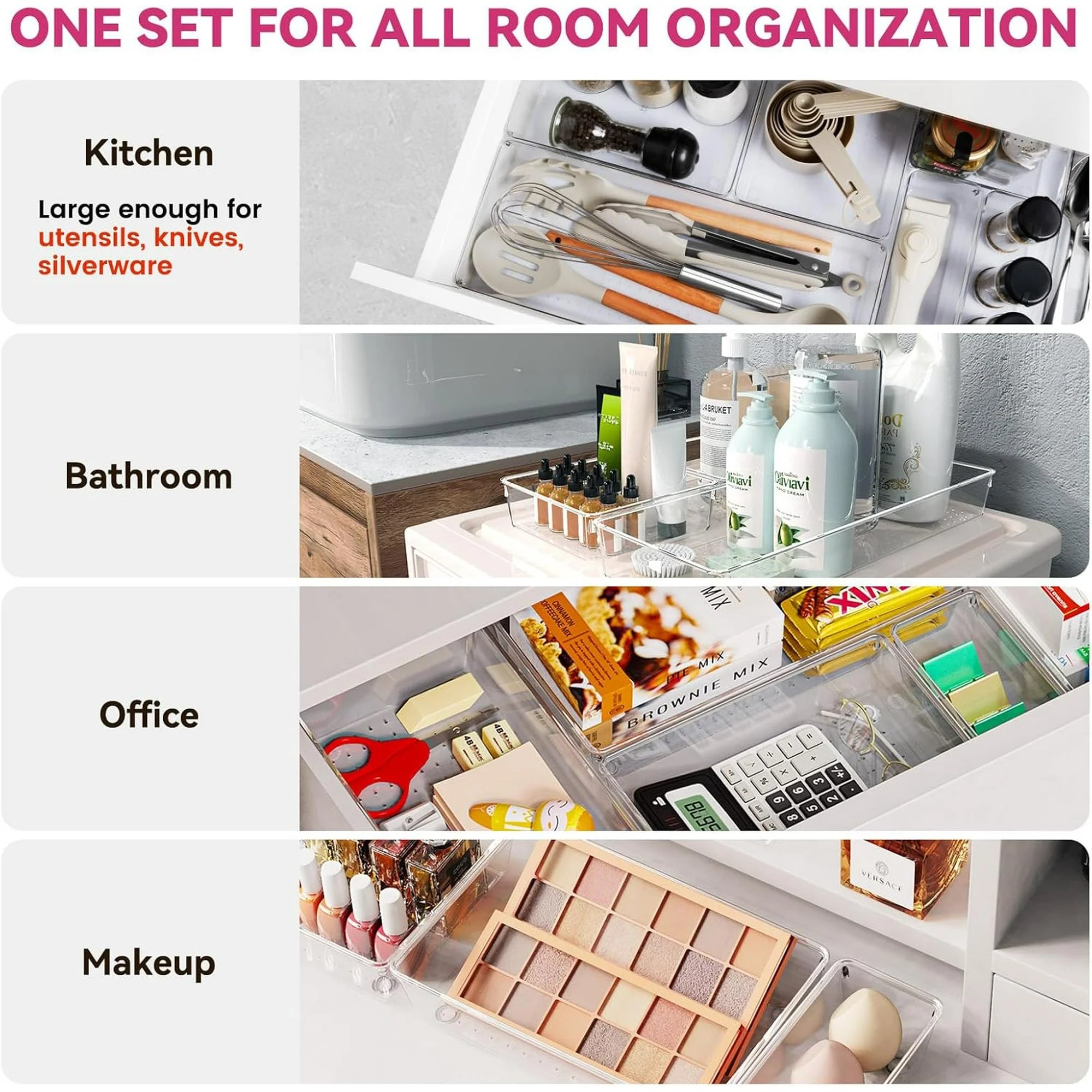 26 Pack Clear Plastic Drawer Organizer Bins - 5 Size Heavy Duty Acrylic Drawer Organizers N348