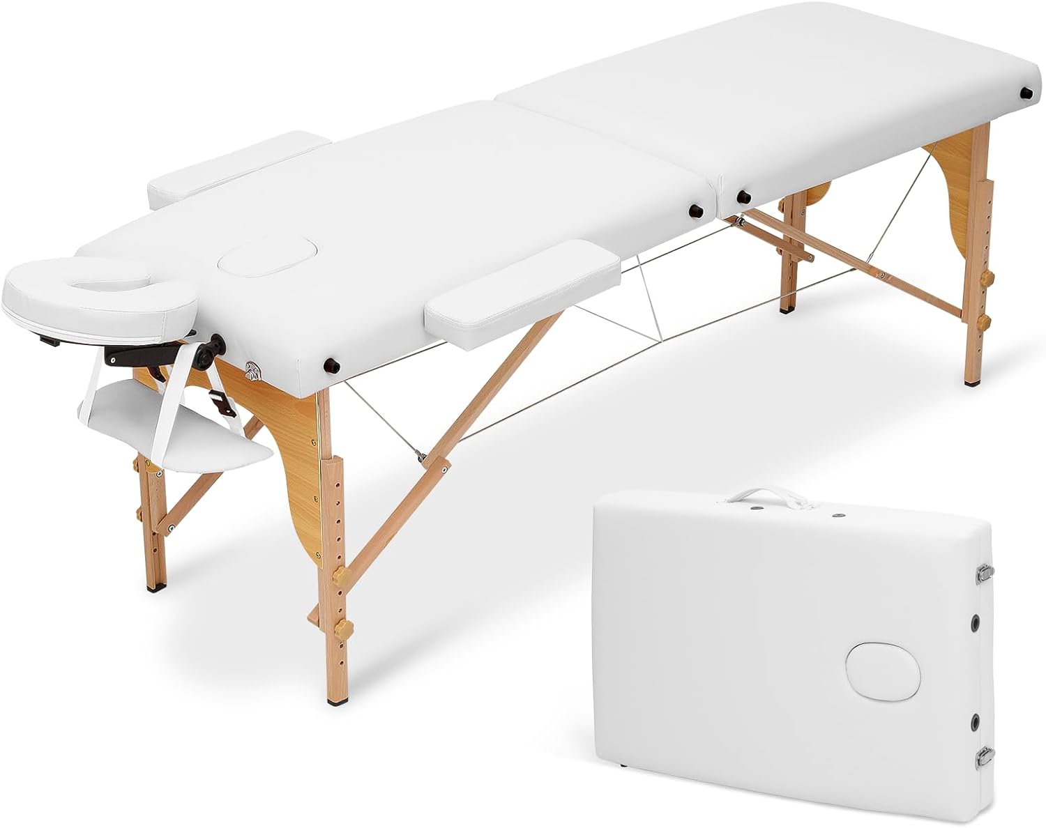 White Beechwood PVC Folding Massage Table with Carry Case K9458