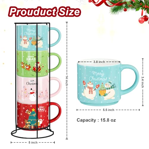 Set of 4 15.8 Oz Stackable Christmas Mugs with Stand W792134