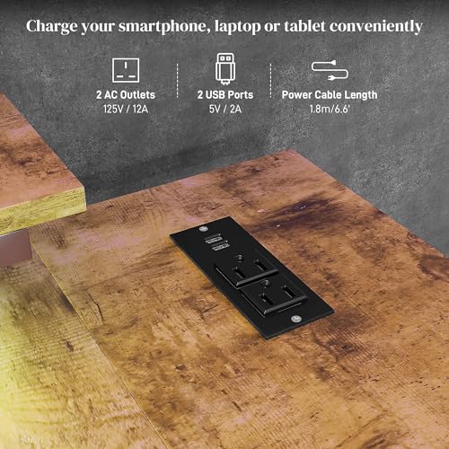 Black L Shaped Desk with LED Lights, Power Outlet, USB Charging Ports, Storage Shelves, Monitor Stand D489077