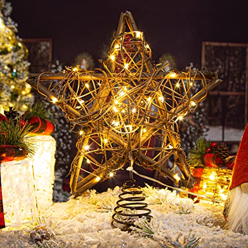 Rattan Natural Star Christmas Tree Topper with 50 Warm LED Lights J52485