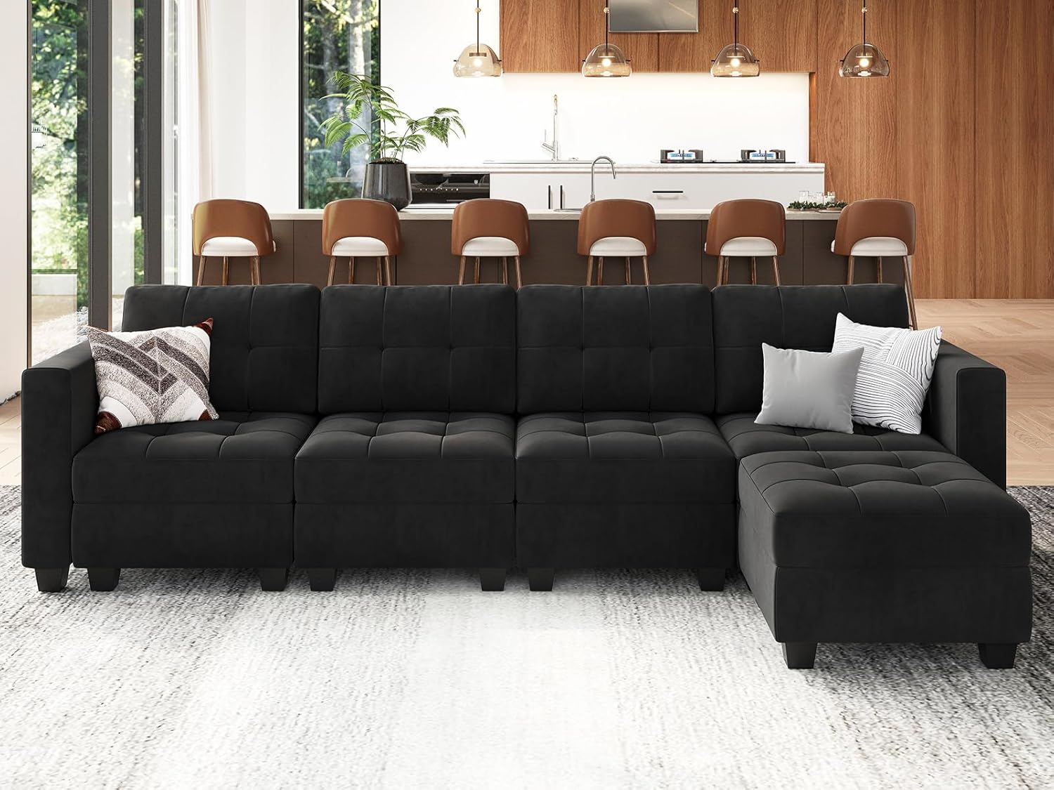 Black Velvet 5 Piece Modular Sectional Sofa with Storage Seats and Ottomans C134