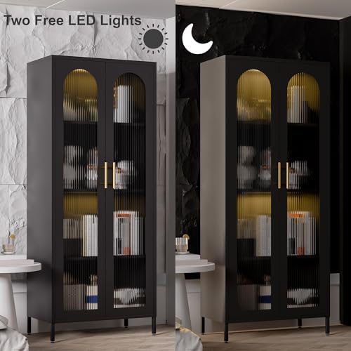 Black 65" Metal Storage Cabinet with Glass Doors and 3 Adjustable Shelves X843