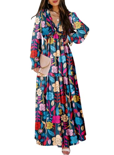 Womens Casual Floral Deep V Neck Long Sleeve Long Evening Dress Maxi Wedding Dresses A557804