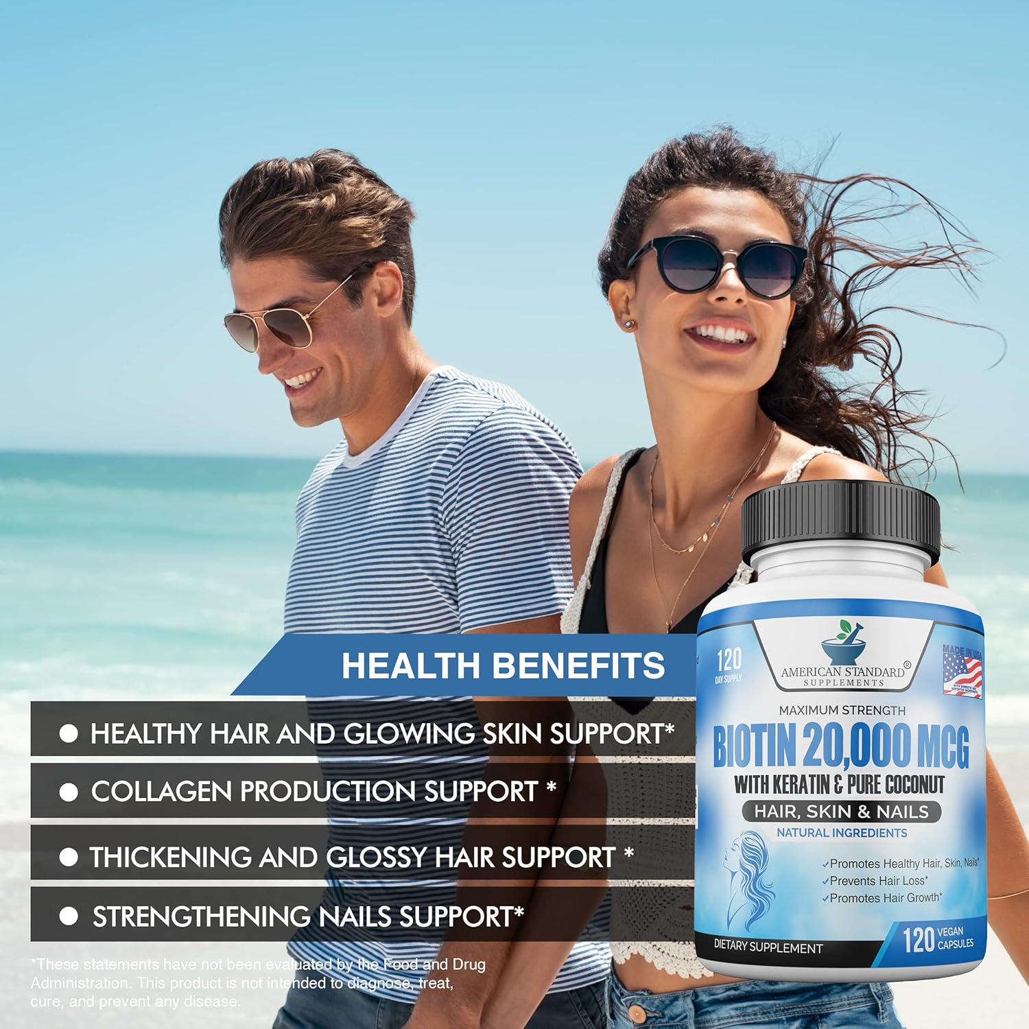 Biotin 20,000mcg with Keratin, Organic Coconut and Zinc, 120 Vegan Capsules M754334