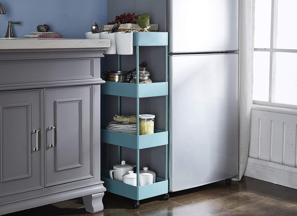 Blue 4-Tier Plastic Rolling Cart with Slim Shelves Z23925
