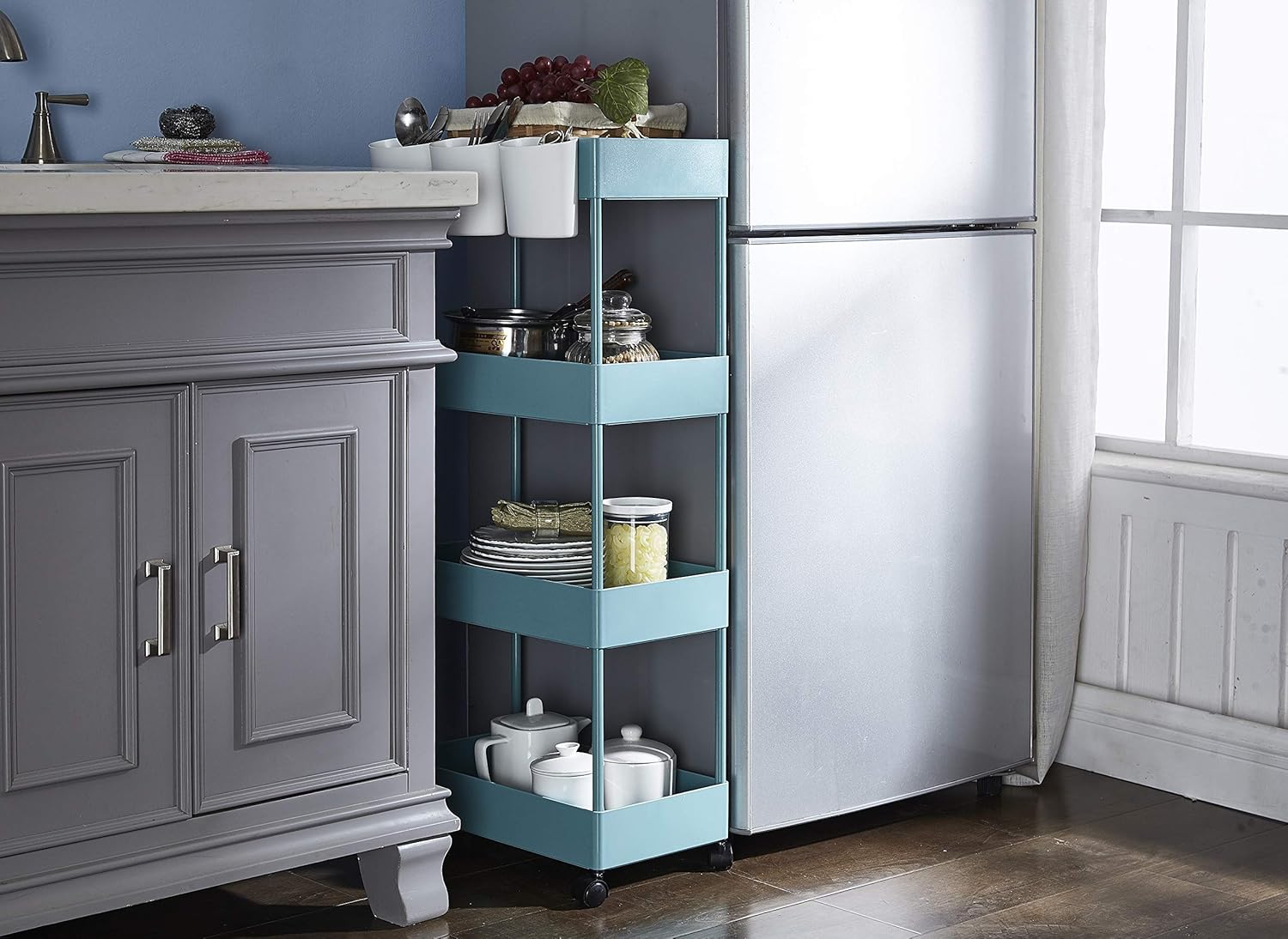 Blue 4-Tier Plastic Rolling Cart with Slim Shelves Z23925
