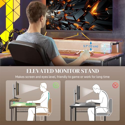 Black L Shaped Desk with LED Lights, Power Outlet, USB Charging Ports, Storage Shelves, Monitor Stand D489077