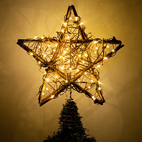 Rattan Natural Star Christmas Tree Topper with 50 Warm LED Lights J52485
