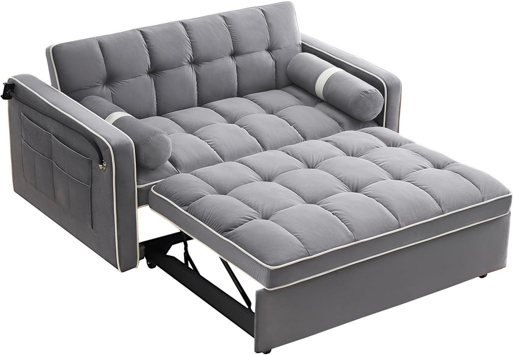 3 in 1 Sleeper Sofa Pull Out Bed, Velvet Convertible SofaBed, 55" Loveseat with Adjustable Backrest, Gray T7512