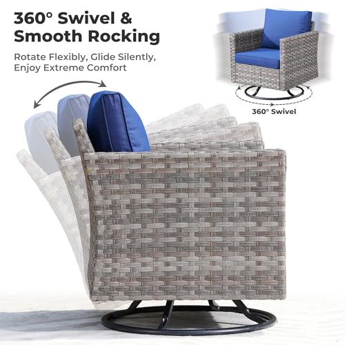 2 Pieces Outdoor Wicker Rattan Rocking Chairs with Cushions, Denim Blue H167001