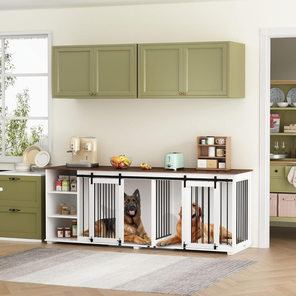 White 86.6" Wooden Dog Crate Furniture with Shelves, Divider & Sliding Door U742858