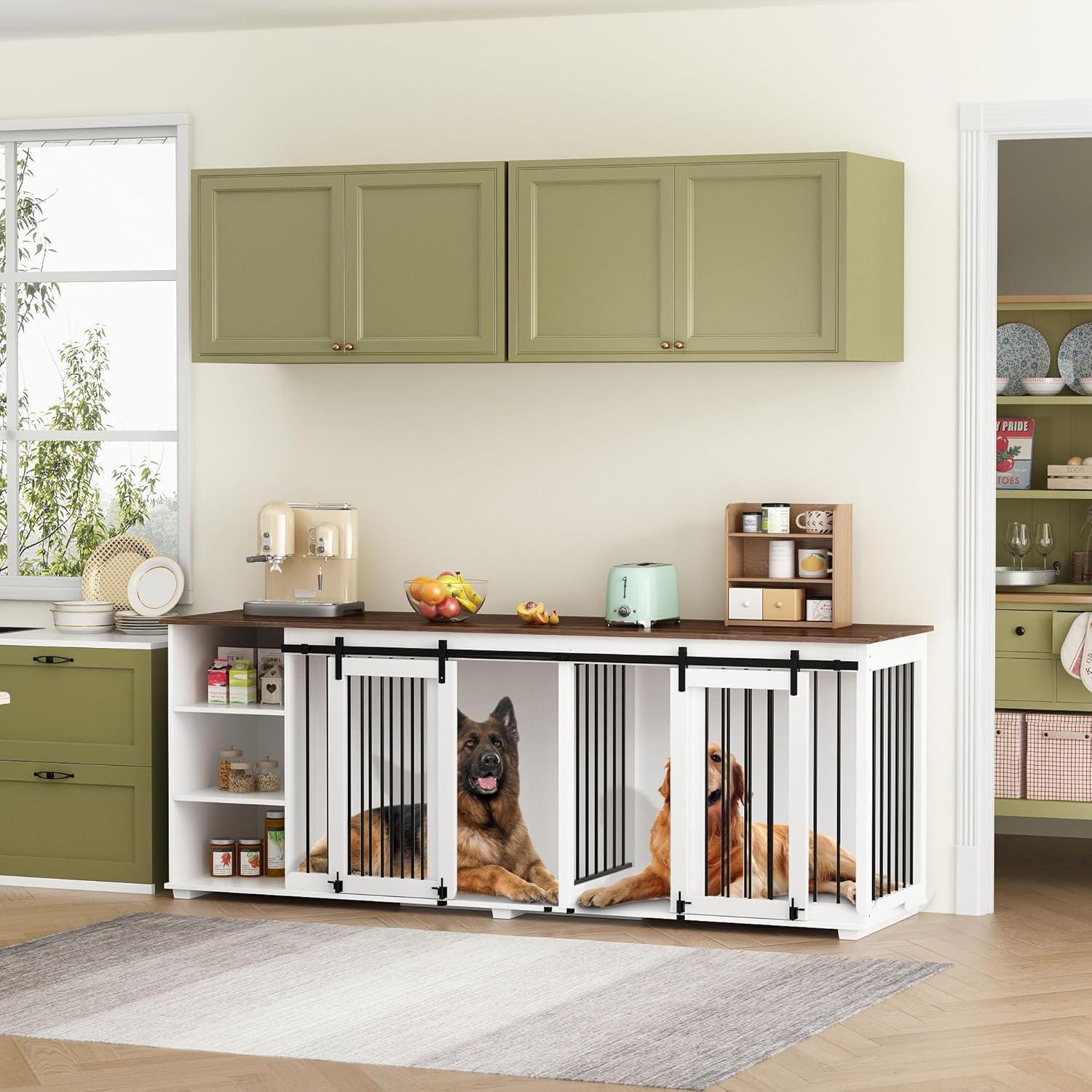 White 86.6" Wooden Dog Crate Furniture with Shelves, Divider & Sliding Door U742858