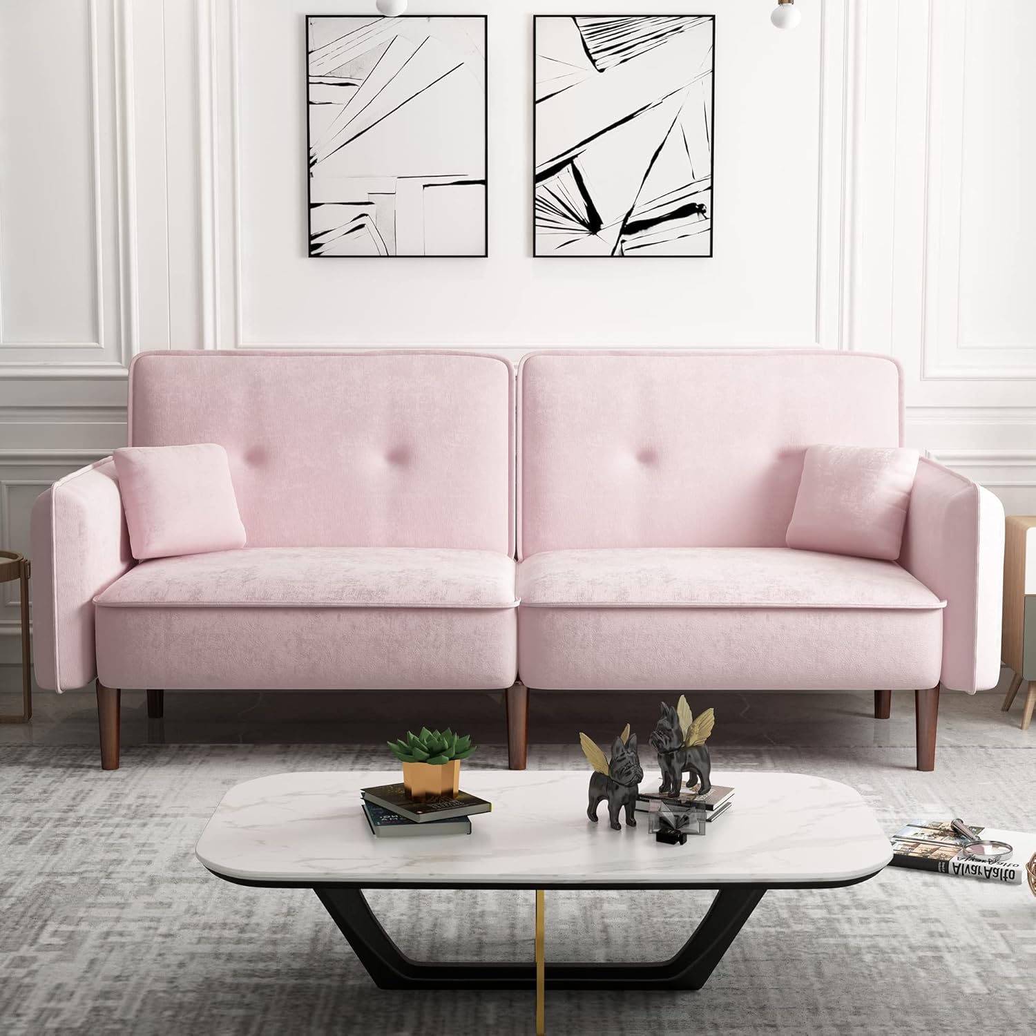 Pink Velvet Convertible Sofa Bed with Magazine Bag N1020
