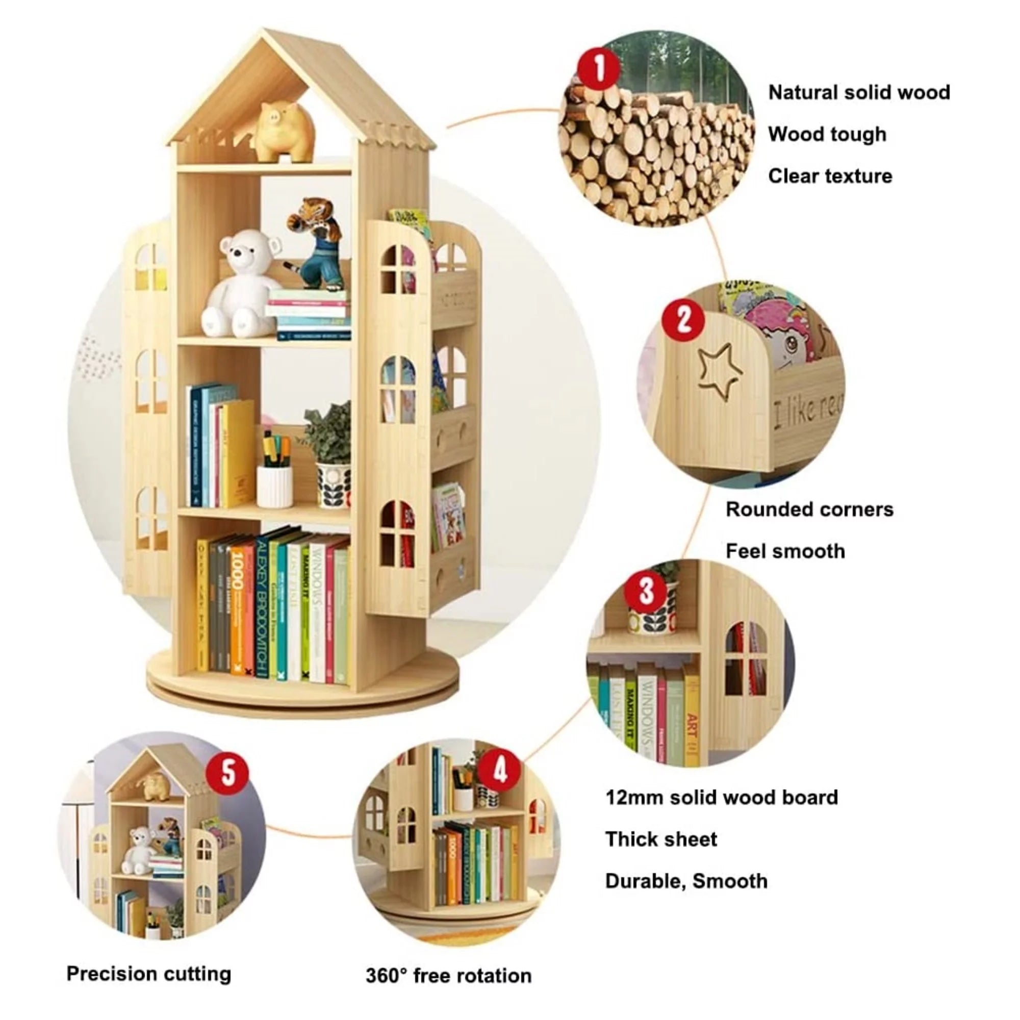 4-Tier Rotating Solid Wood Bookshelf J3259