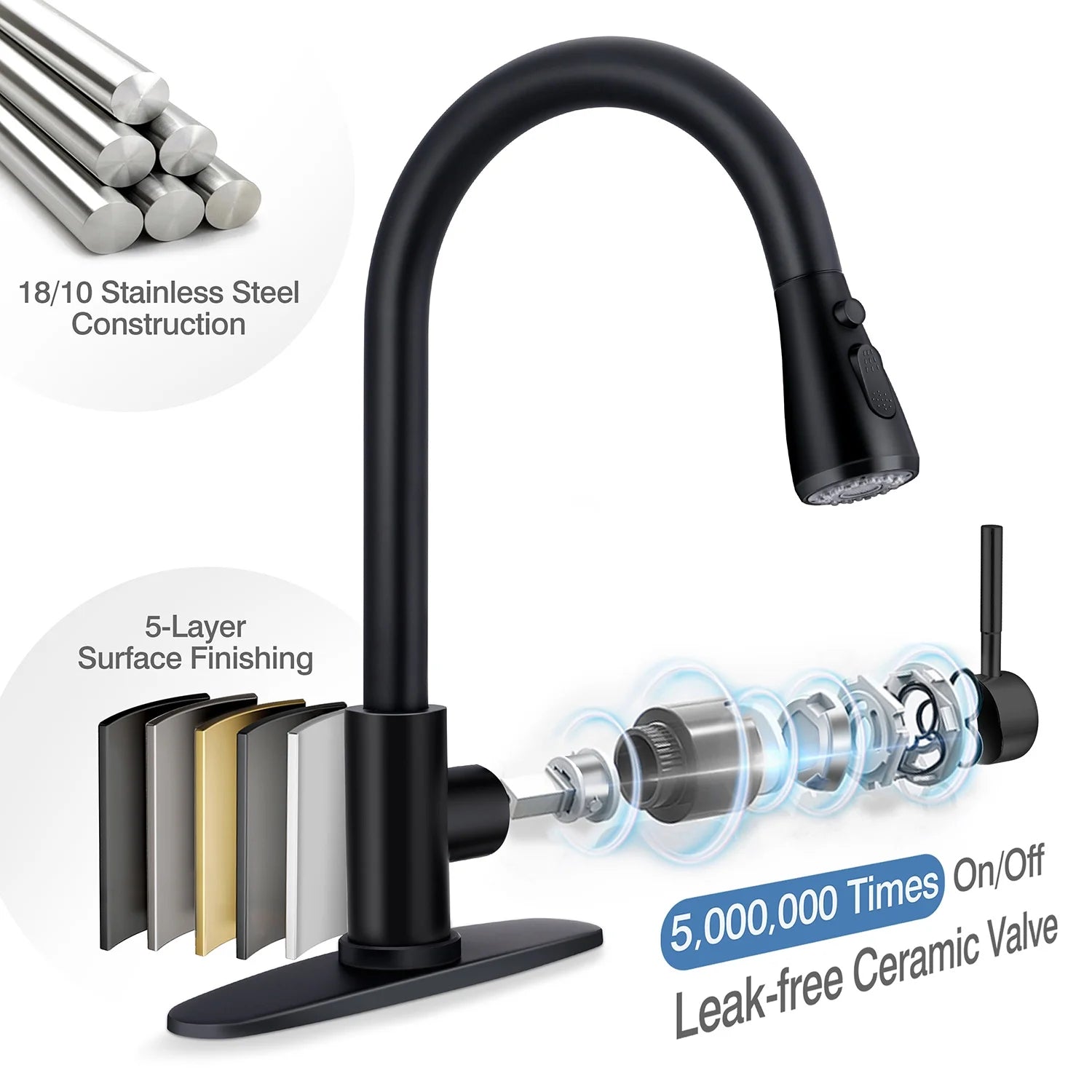 18/10 Stainless Steel Matte Black Kitchen Sink Faucet with Pull Down Sprayer I5373