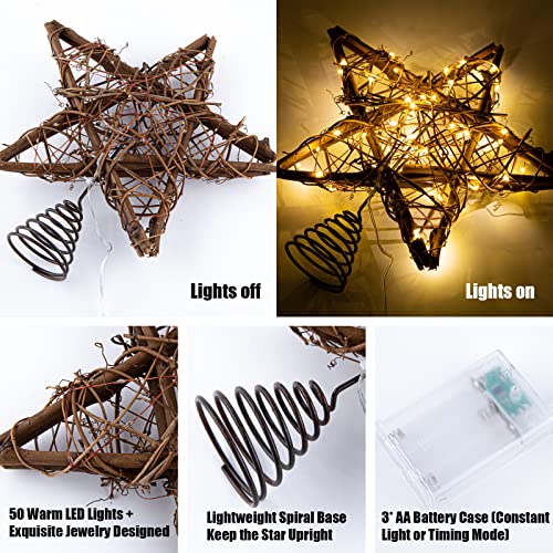 Rattan Natural Star Christmas Tree Topper with 50 Warm LED Lights J52485