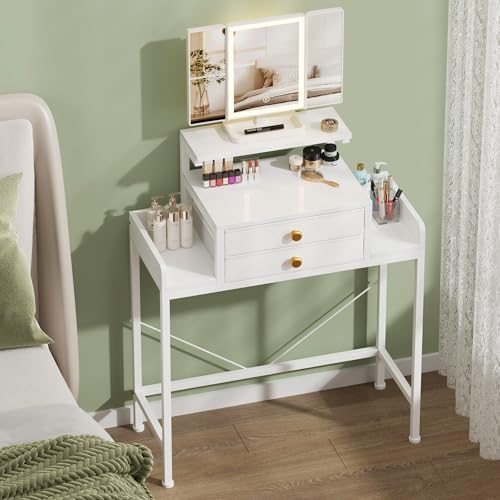 White 28.4''W Small Makeup Vanity Desk with Mirror and Lights, 2 Fabric Drawers O831496