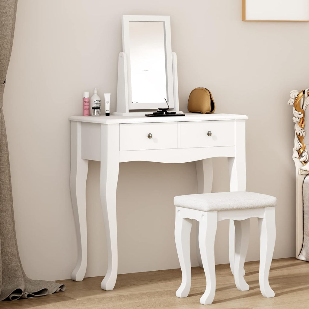 White Wooden Vanity Dressing Table with Mirror and Stool, 2 Drawers E106