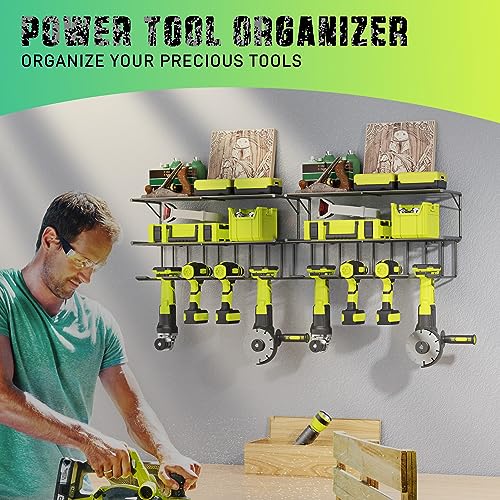 3 Layers Wall Mounted Power Tool Organizer with 4 Drill Holders (2 Pack) V621