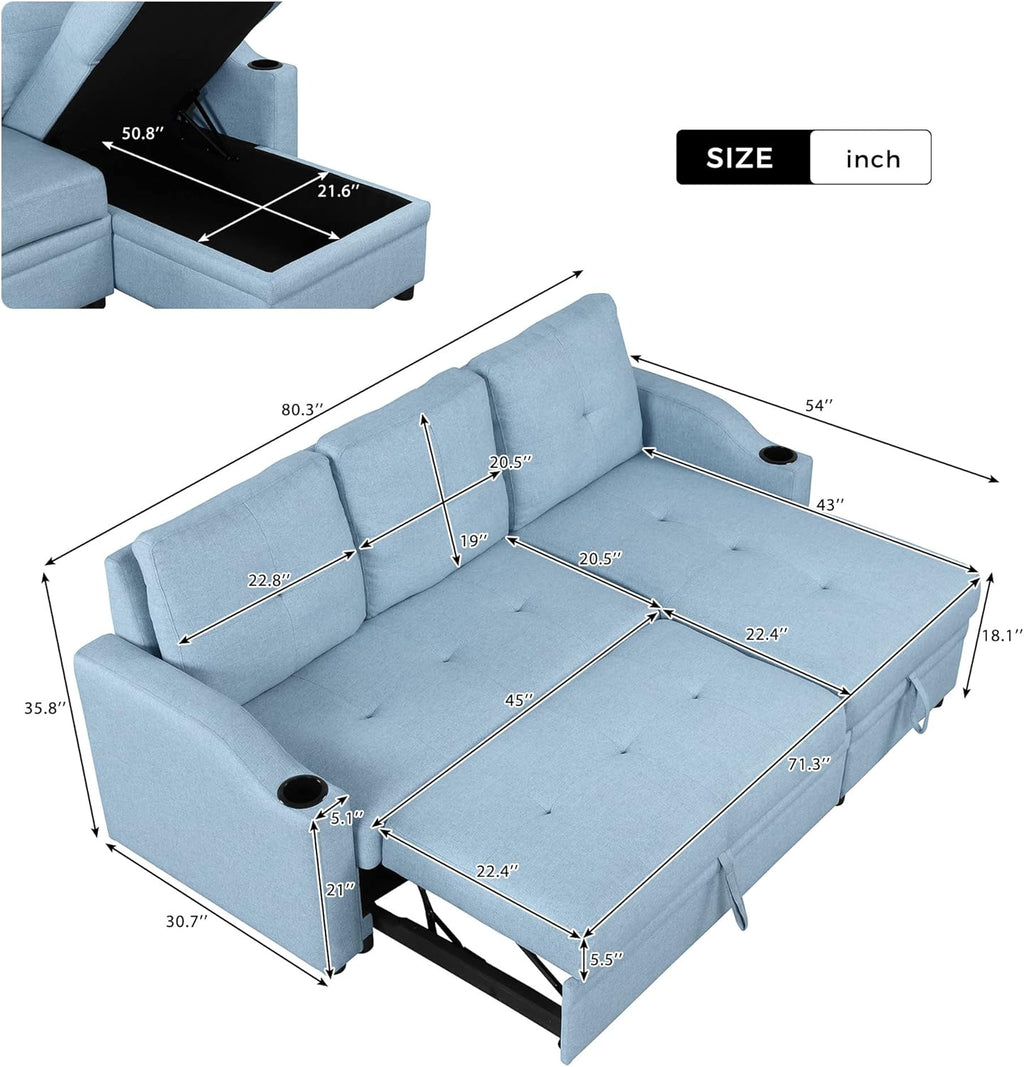 Blue Linen Fabric L-Shape Convertible Sleeper Sofa with Pull-Out Bed O890