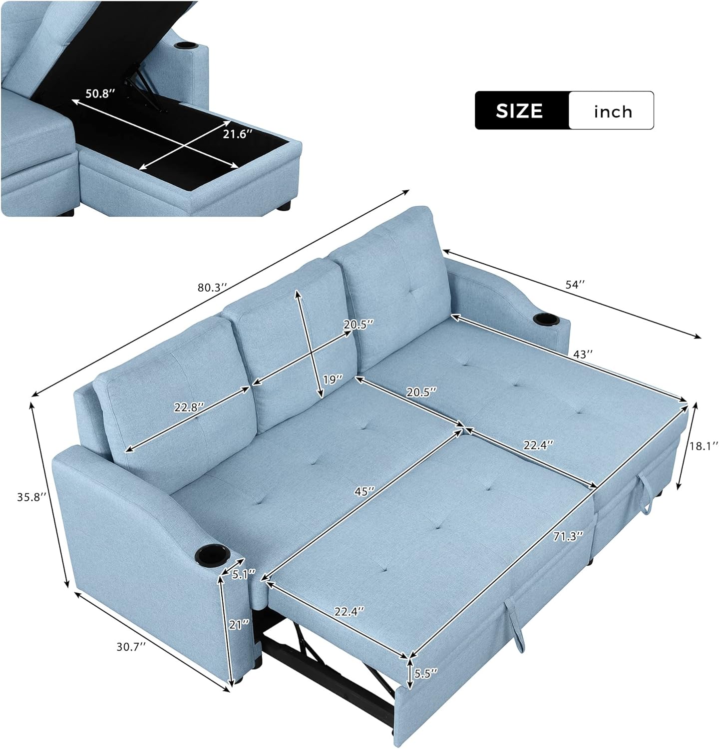 Blue Linen Fabric L-Shape Convertible Sleeper Sofa with Pull-Out Bed O890