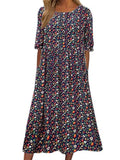 Boho Floral A Line Midi Dress with Pockets V7831