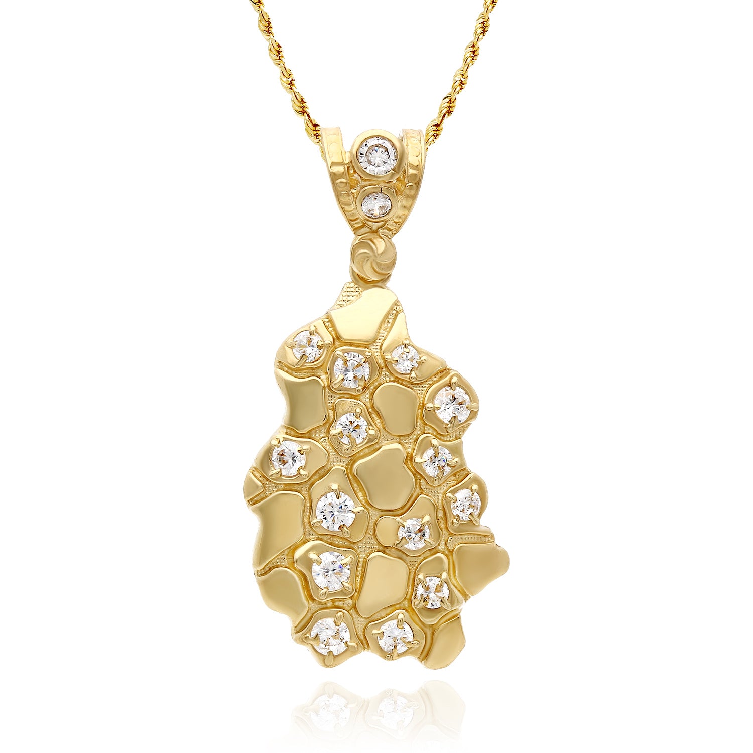 10K Yellow Gold Simulated Diamond Nugget Pendant 1.5"-2.3" N156