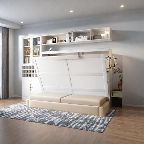 White Wooden Full Size Murphy Bed Frame with Sofa and Storage Shelves G392