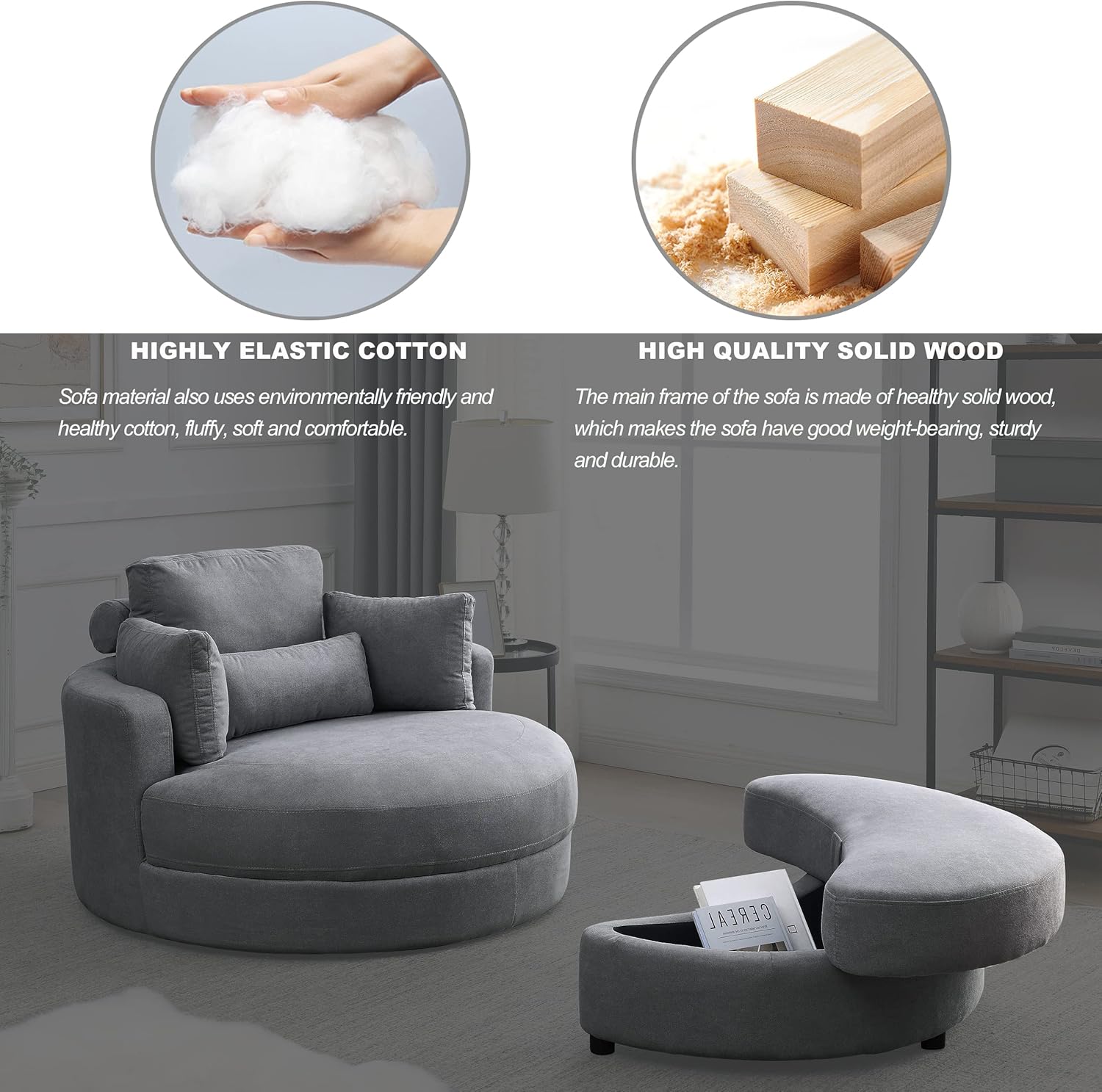 Dark Grey Linen Swivel Accent Chair with Storage Ottoman T98712